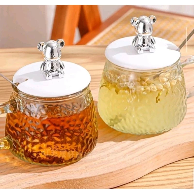 Gelas Kaca Tutup Beruang Dengan Sendok Aesthetic Ala Korea