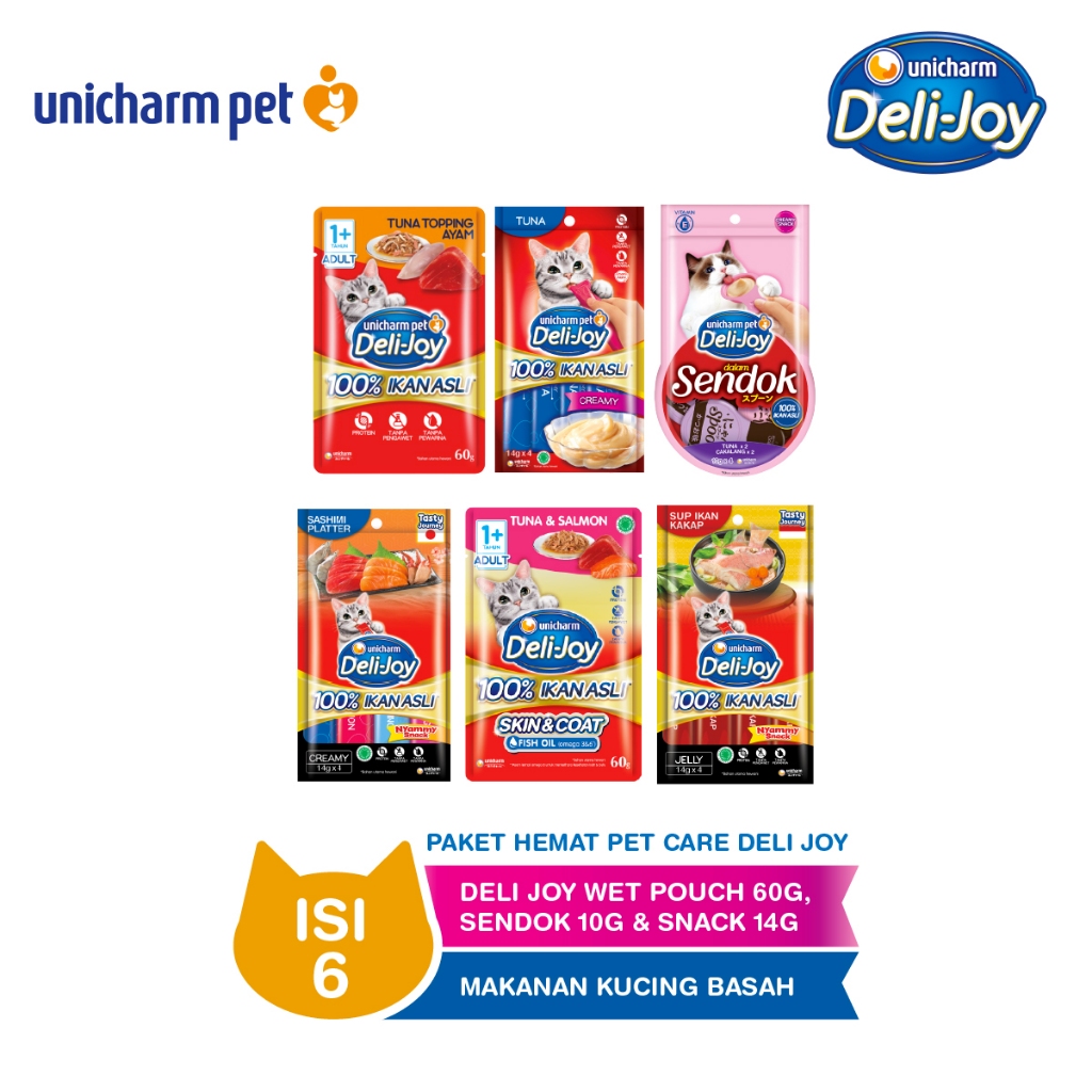 Unicharm Pet - Paket Hemat Pet Care Deli Joy Wet Pouch 60g, Sendok 10g & Snack 14g Makanan Kucing Ba