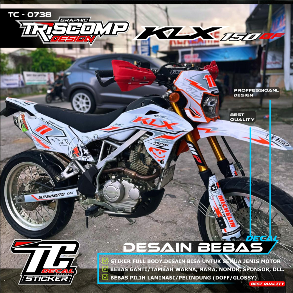 Stiker Motor decal KLX 150 bf new kombinasi red orange flo motif keren simpel terbaru desain custom 