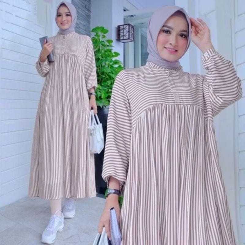 Jawani Midi Dress Bahan Katun Rayon Viscose Premium Terbaru 2025 Gamis Garis-Garis Lengan Panjang