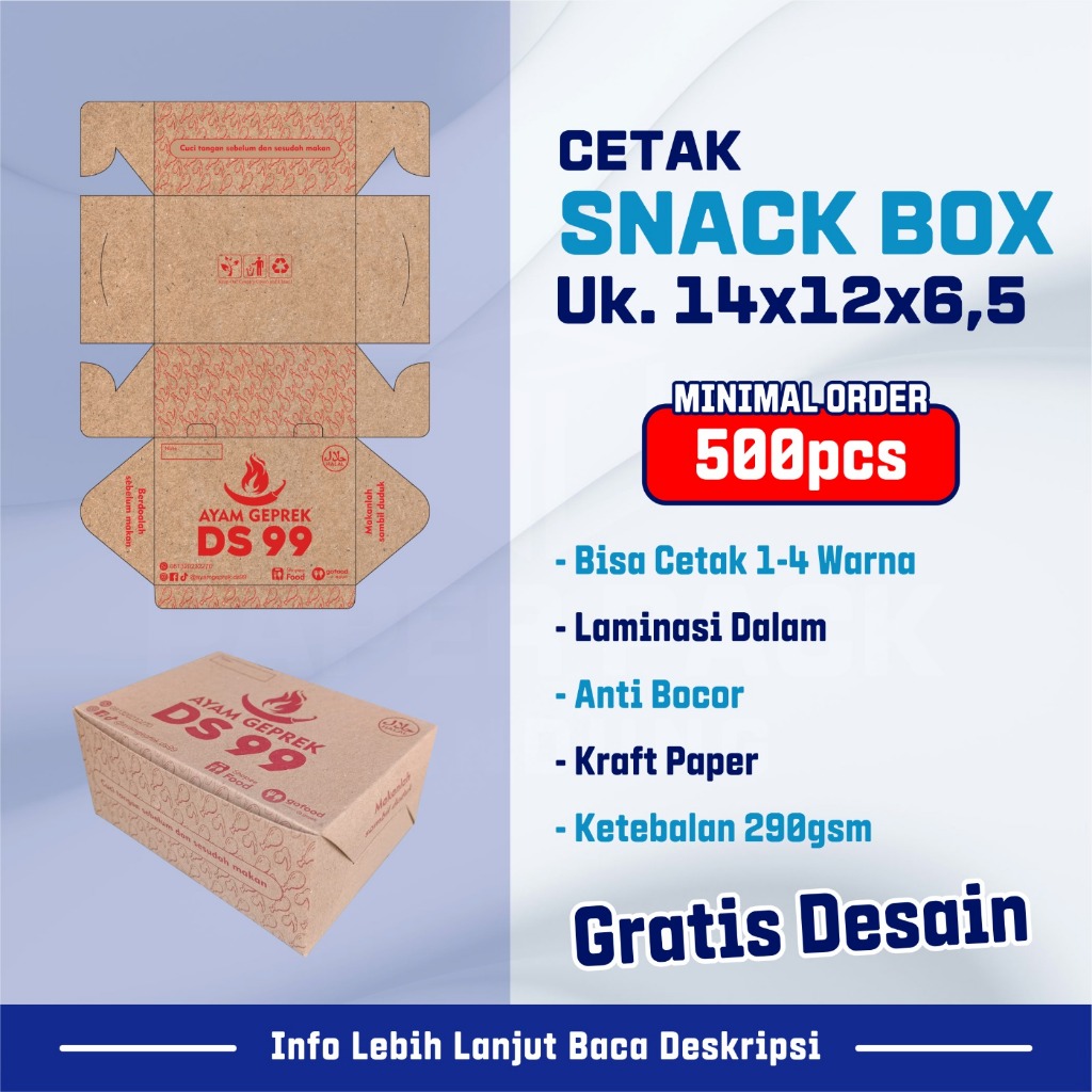 Cetak custom Dus Snack Box 14x12x6,5 Kraft 290gsm Printing Warna Kotak Kue Fried Chicken
