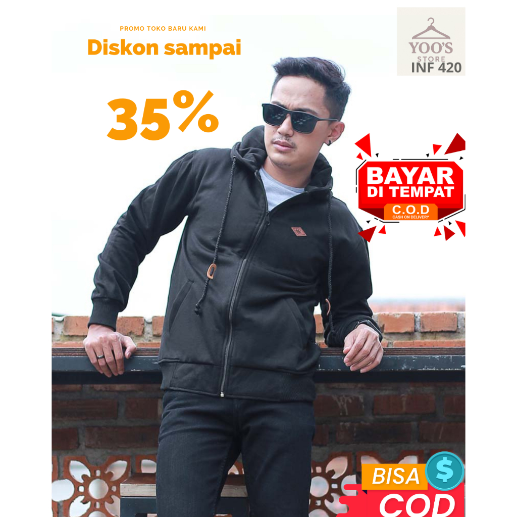 Inficlo Pria Jaket, Jaket Hoodie hitam polos pria, Jaket Zip Hoodie Hitam Pria