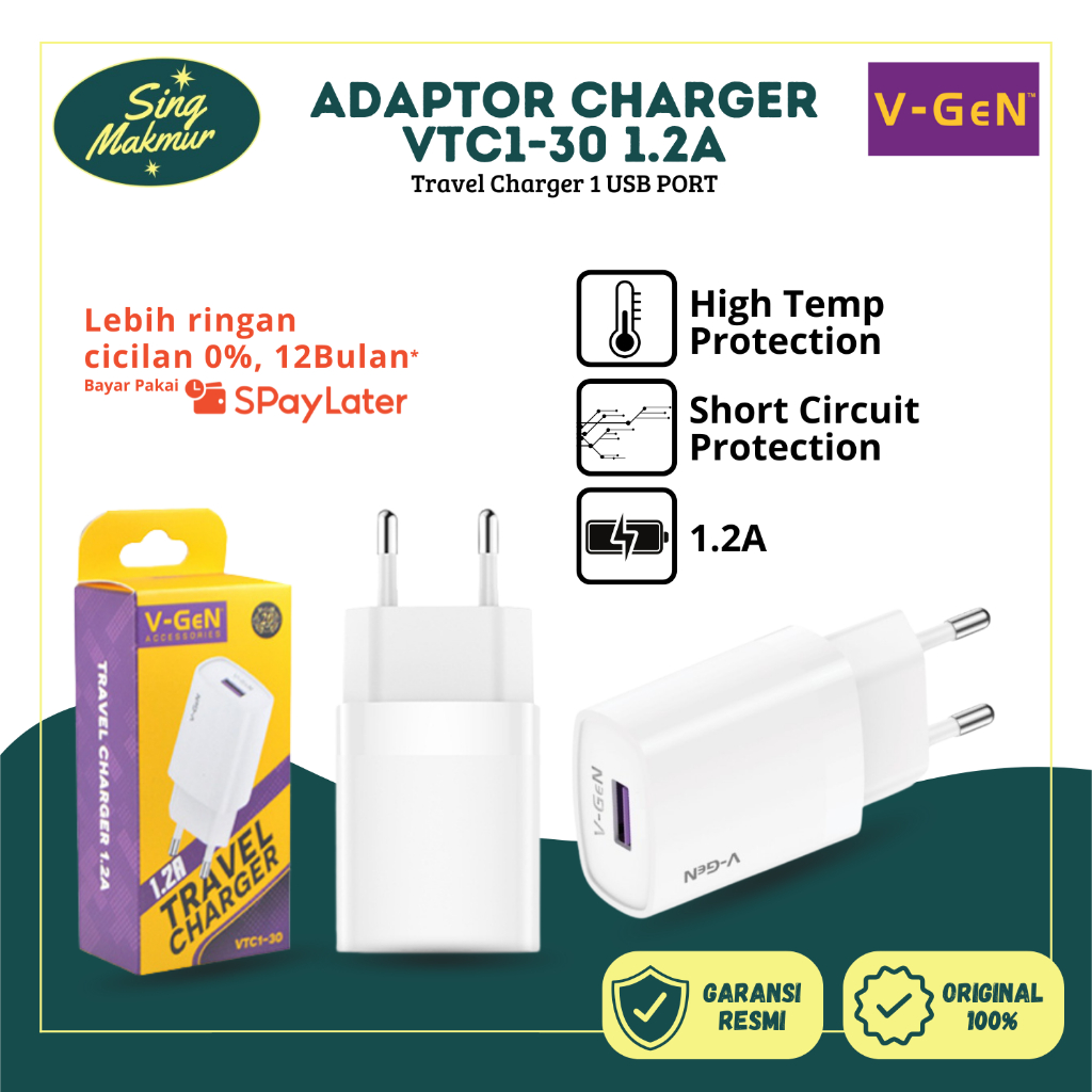 Adaptor Charger V-GeN VTC1-30 1.2A Travel Charger VGEN | Kepala Charger V-Gen USB
