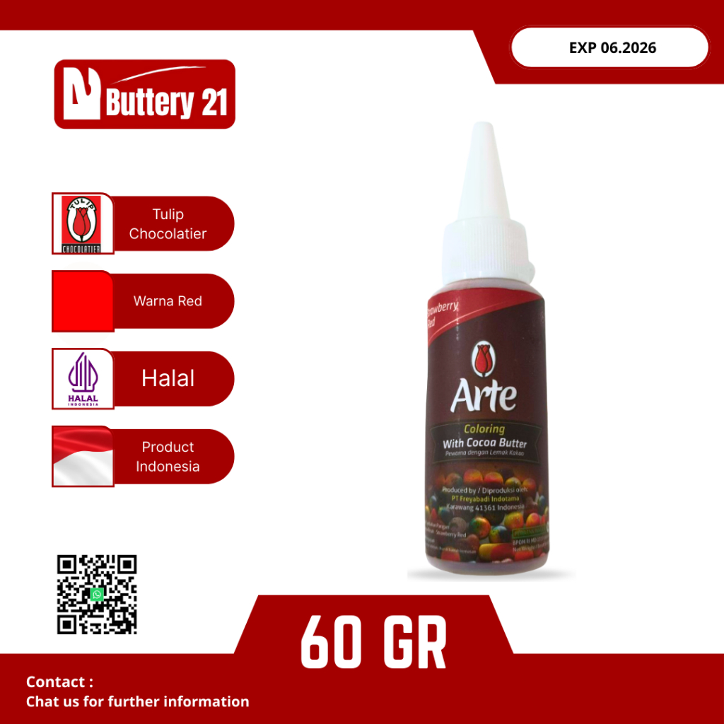 

TULIP ARTE COLORING STRAWBERRY RED 60 GR/PEWARNA MERAH DENGAN LEMAK KAKAO/WITH COCOA BUTTER