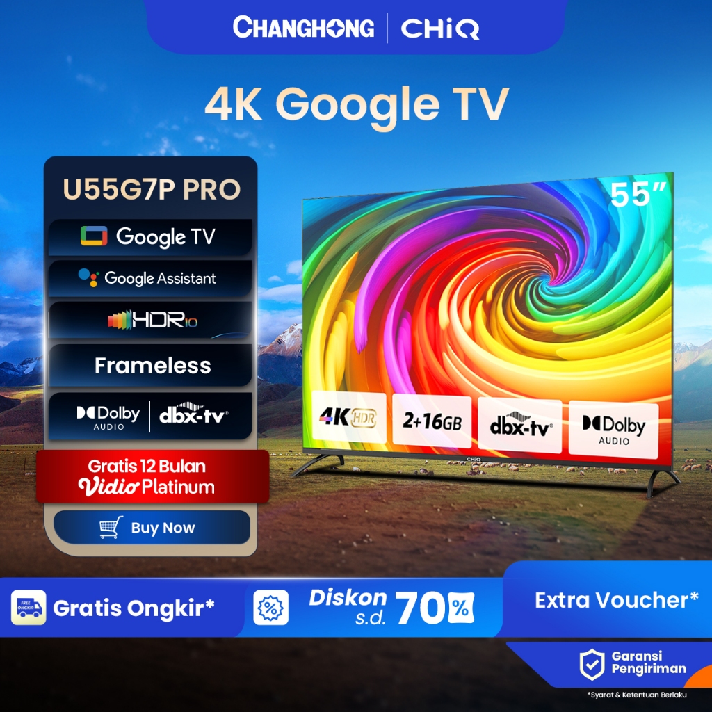 【Google TV】Changhong CHiQ 55 inch Smart TV 4K UHD-HDR10+DBX Dolby Audio Google Assistant Netflix You