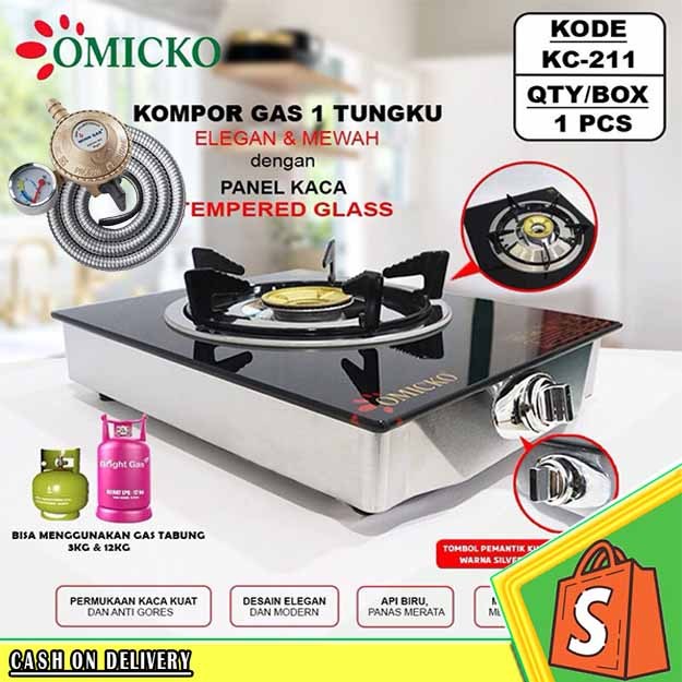 Kompor GAS OMICKO /Kompor 1 tungku kaca/Kompor Gas 1 Tungku Tempered Glass Original