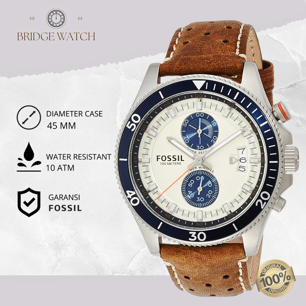 Jam Tangan Pria Fossil CH2951 Wakefield Chronograph Cream Dial Brown Leather Strap Casual Sporty Ori