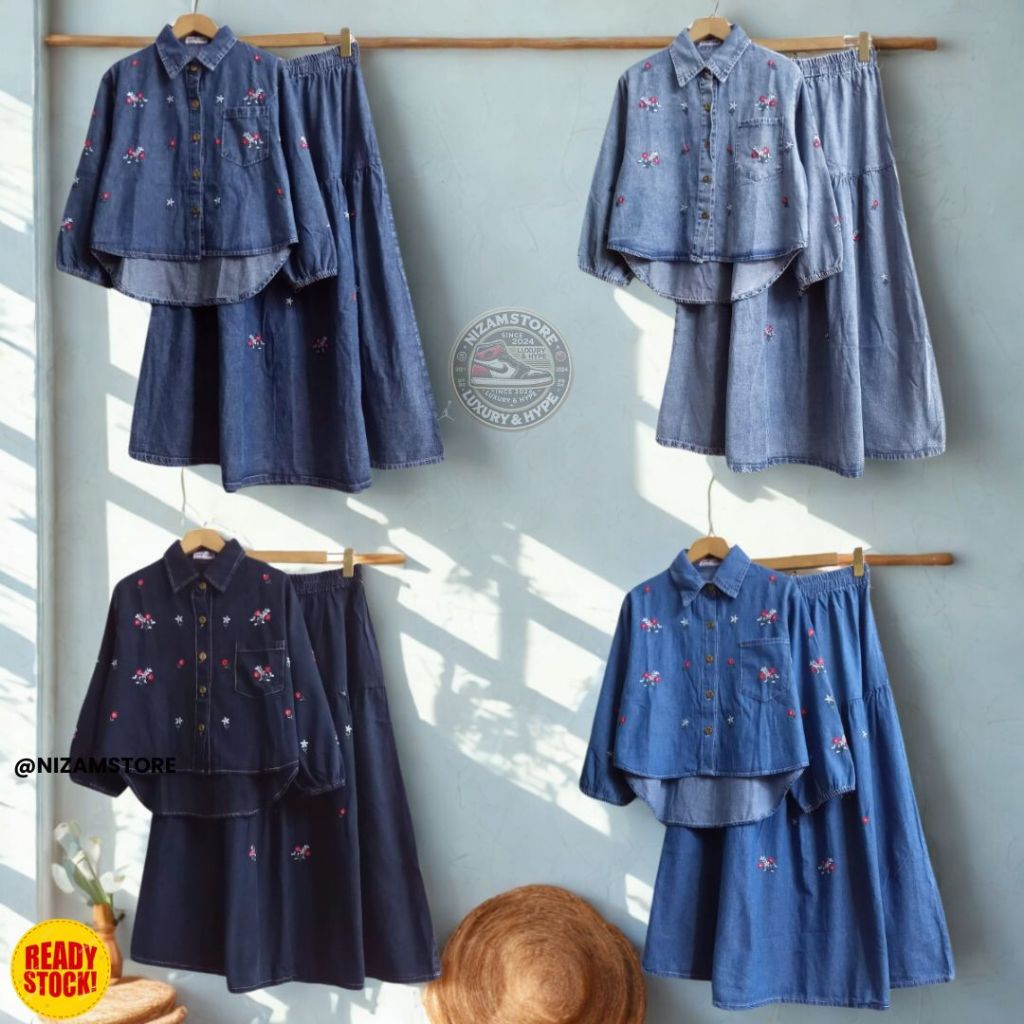 Setelan Rok Jeans Bordir Wanita Tunik Lengan Panjang | Baju Muslimah Denim Wash Atasan Jumbo LD 110 