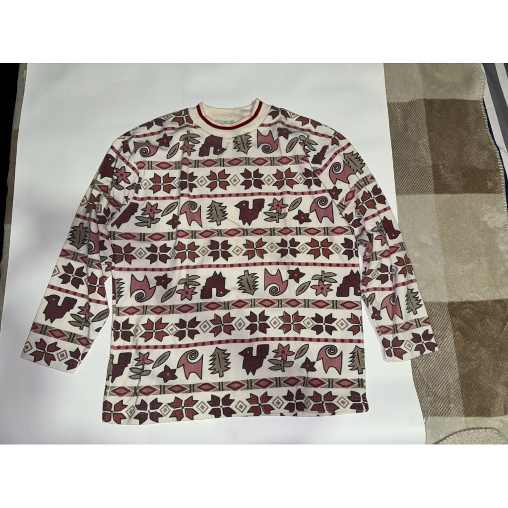 Sweater Bulu Ukuran Sedang / Motif Navajo Asli 1990-an Streetwear Penuh Campuran Wol Pullover Fleece