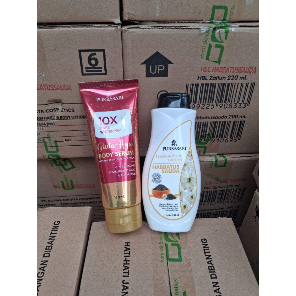 Paket Perawatan Tubuh Purbasari Glutathione Body Serum 180 ml + Hand Body Lotion Habbatusauda 200 ml