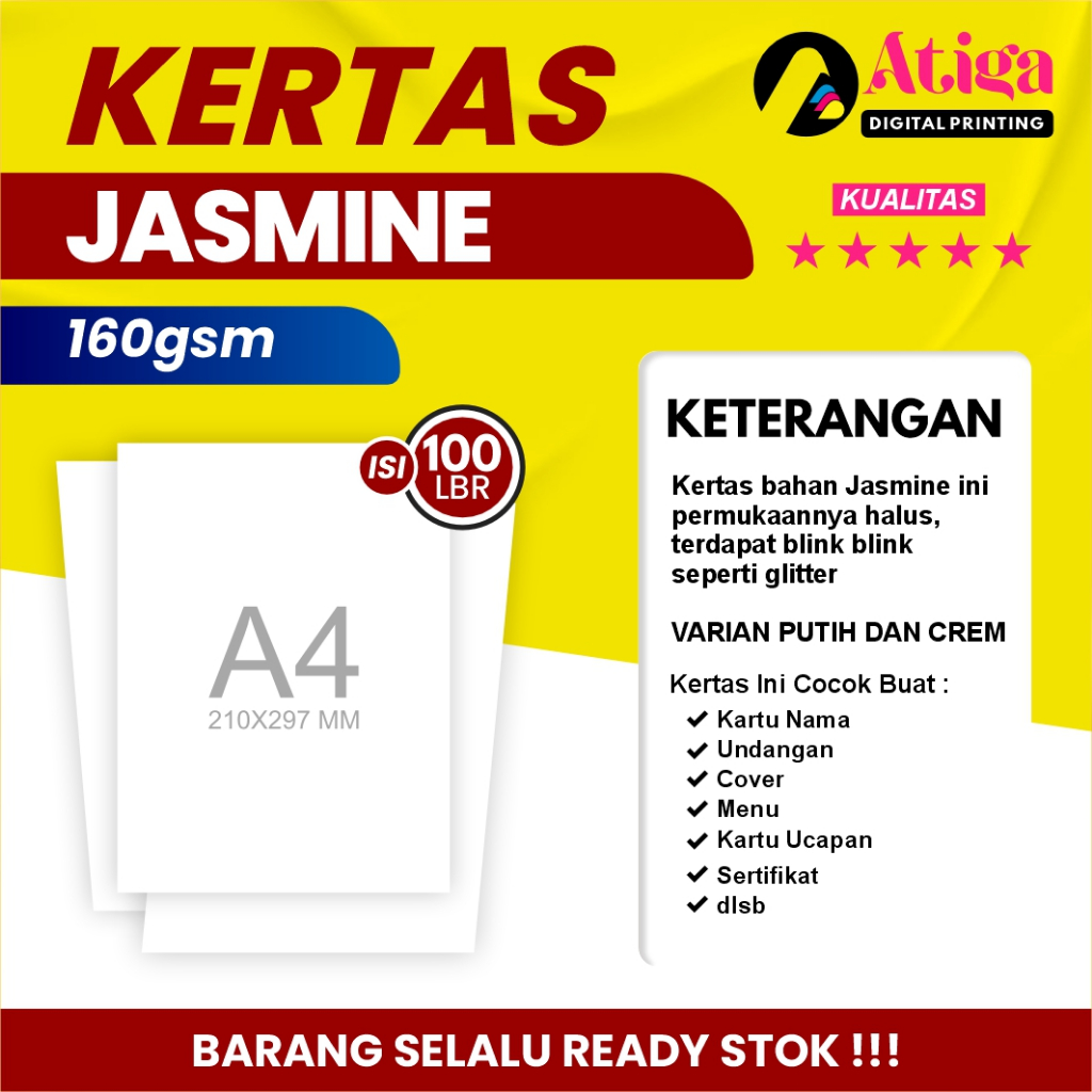 

Kertas Jasmine 160gsm uk. A4 cocok untuk undangan, sertifikat dll (1 pak Isi 100 lembar)