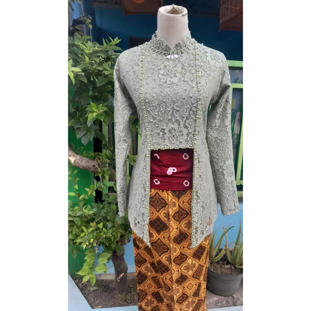 Atasan Kebaya Kutu Baru Modern Brokat Mutiara Muslimah Full Furing Hijau sage