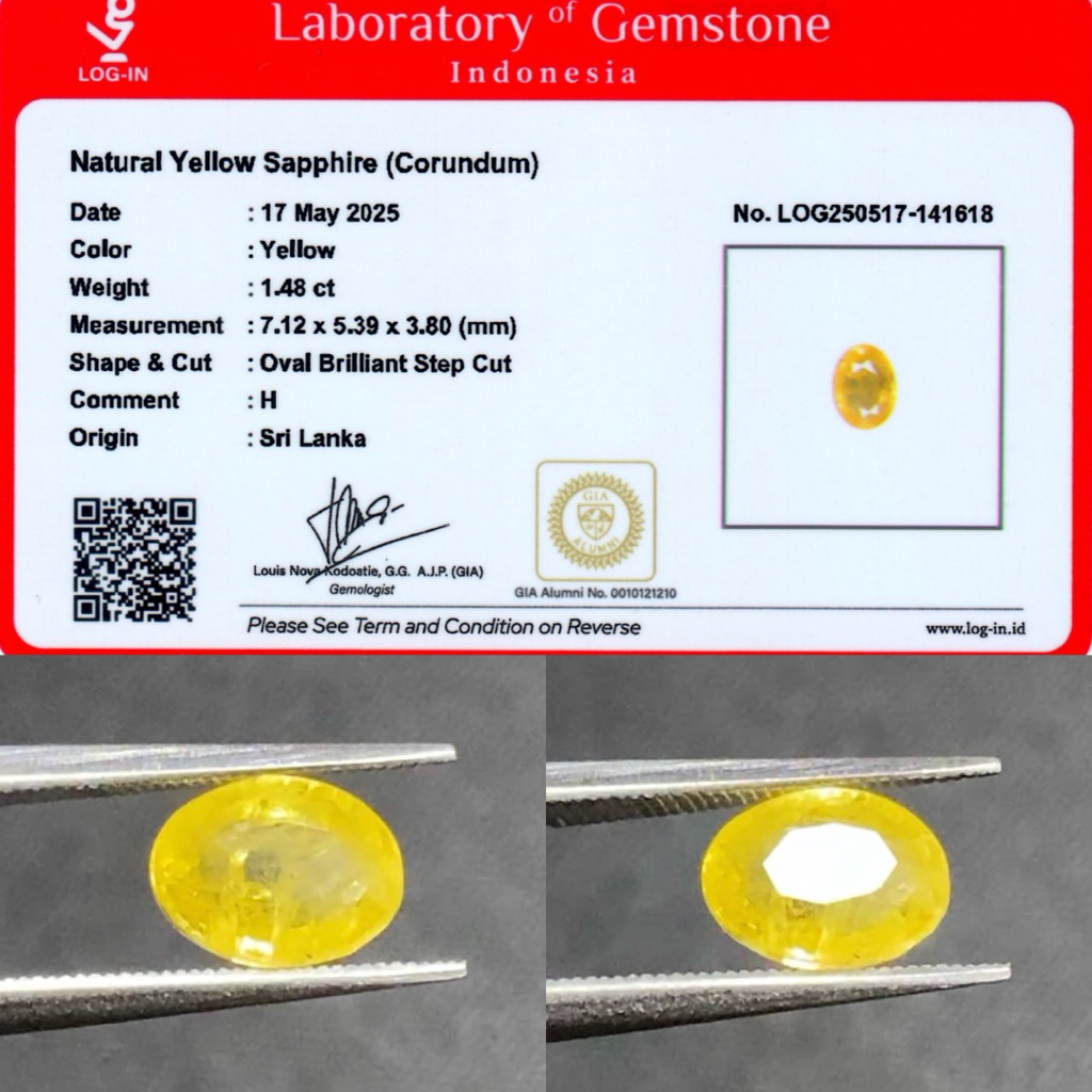 1,48 cts Natural Yellow Sapphire origin Ceylon / Sri Lanka Heat Only Memo LOGIN