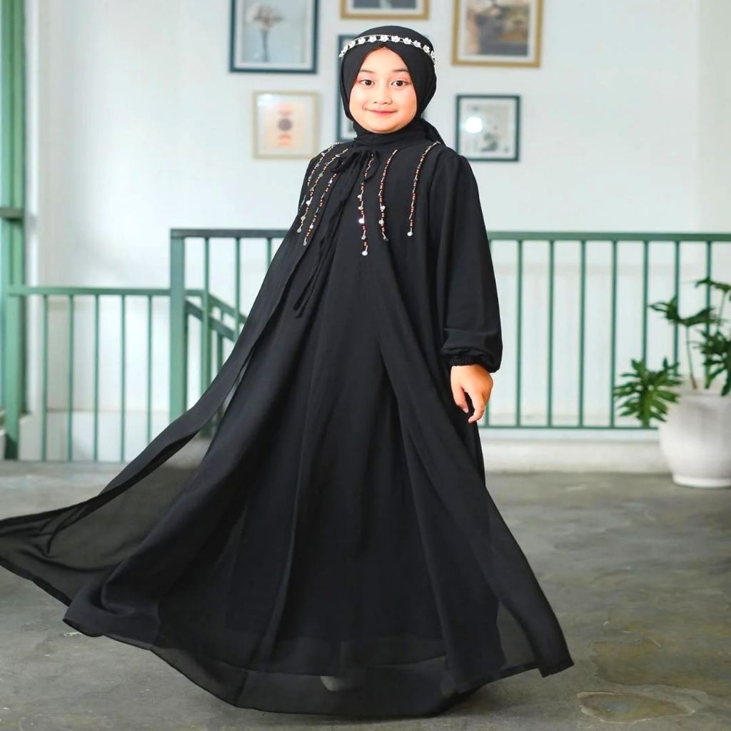Gamis Anak 7 8 9 Tahun Perempuan Warna Hitam Polos Payet Mutiara Terbaru Fashion Muslim Anak