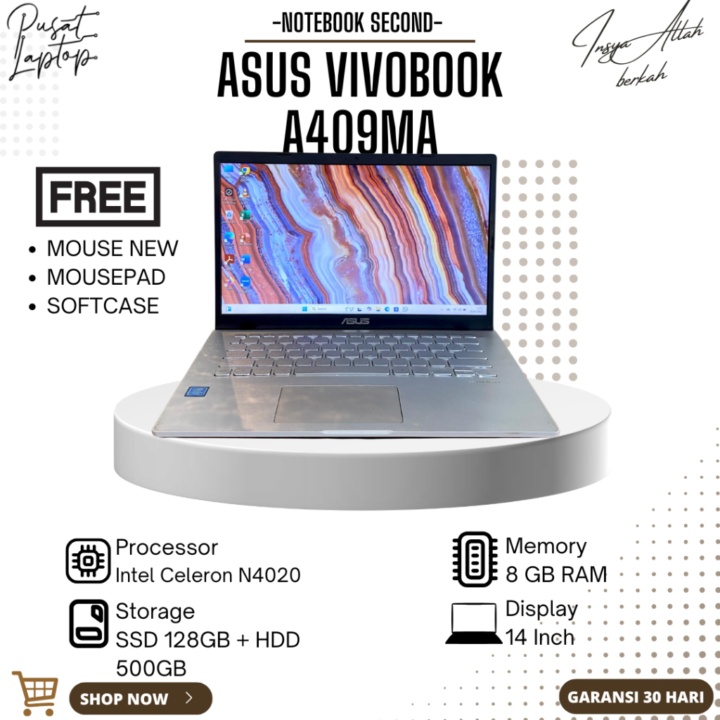 LAPTOP ASUS A409MA SECOND | INTEL CELERON N4020 | RAM 8GB | SSD 128GB + 500GB | NORMAL | BERGARANSI