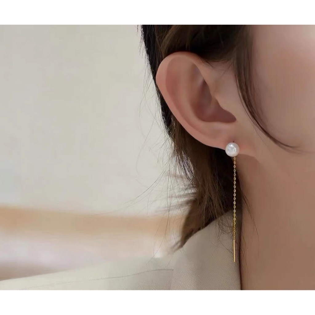 (93) Anting Titanium Model 2-in-1 Jurai Mutiara Putih Juntai Panjang PTA-32