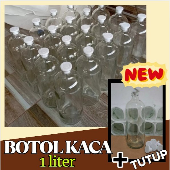 Botol Bensin Kaca 1 Liter/Botol Jamu Botol Beling Wadah Jus Kopi Dan Lainnya/Botol + Tutup Plug Tran