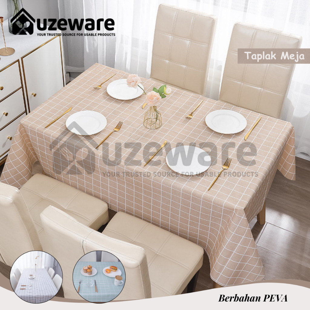 Uzeware Taplak Meja Makan Anti Air & Minyak | Bahan PEVA Motif Kotak Modern, Ringan & Praktis