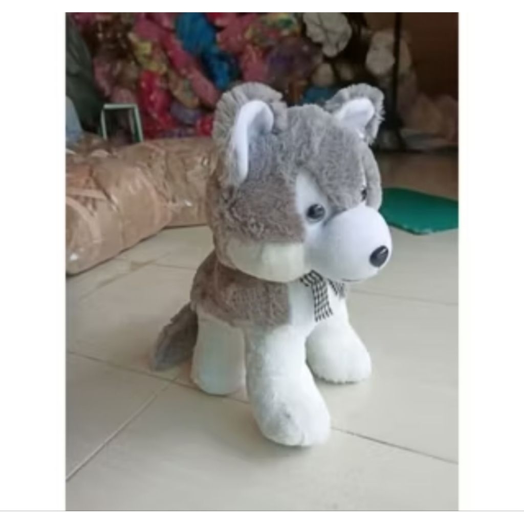 boneka anjing husky / serigala putih abu abu ukuran L imut dan lucu
