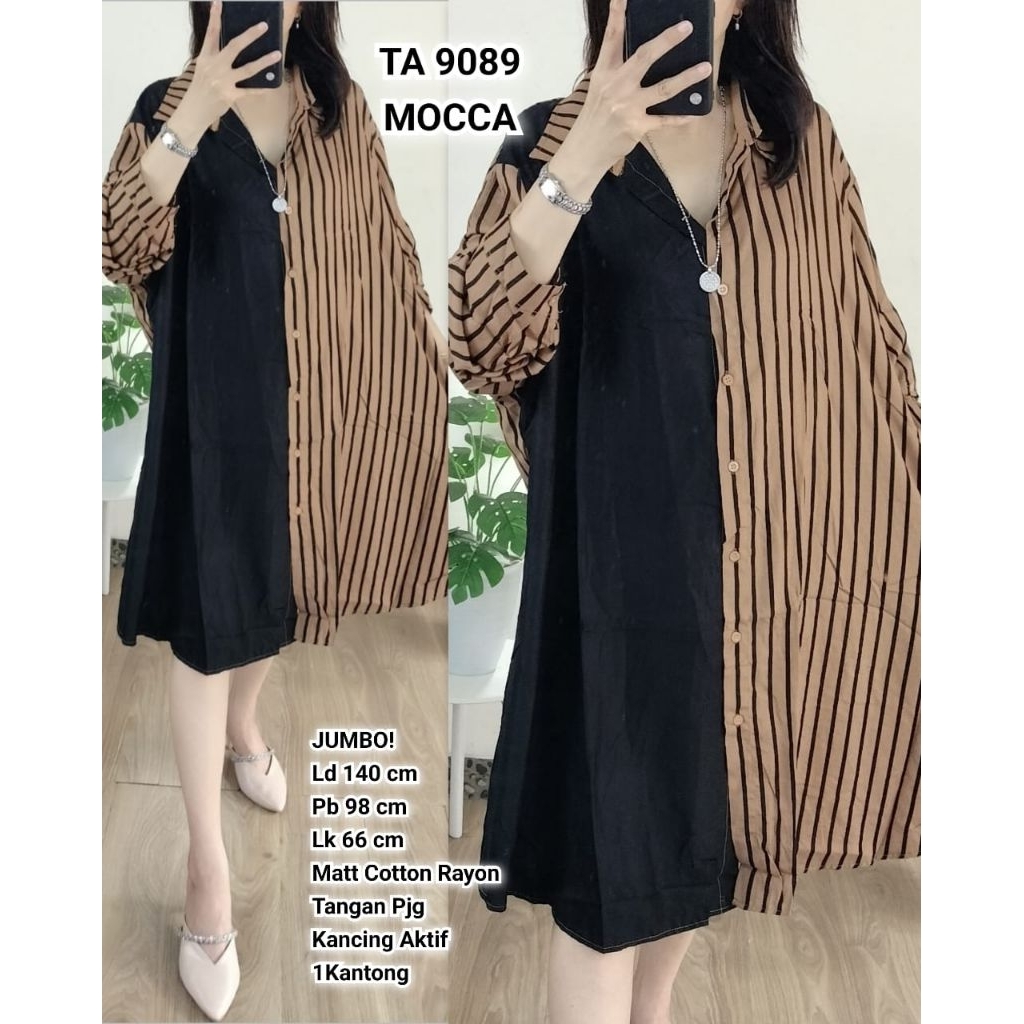 TA 9089# Tunik Jumbo Cotton Rayon Salur Kombi Kerah