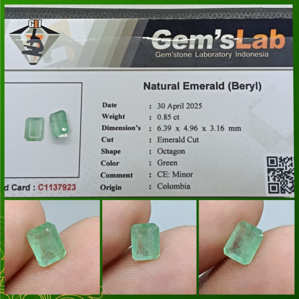 Natural Emerald beryl Columbia kristal 0,85ct memo GLI zamrud Colombia
