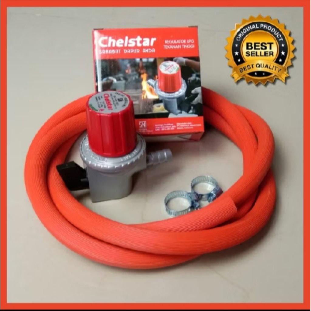 Paket Selang Gas SNI 2 Meter Dan Regulator Chelstar (tekanan tinggi) dan 2 klem selang