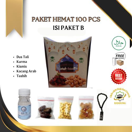 

Oleh Oleh Haji/Umroh 100 pcs Paket B Dus Tali, Botol+Air zam zam, Kurma, Kacang Arab, Kismis, Tasbih