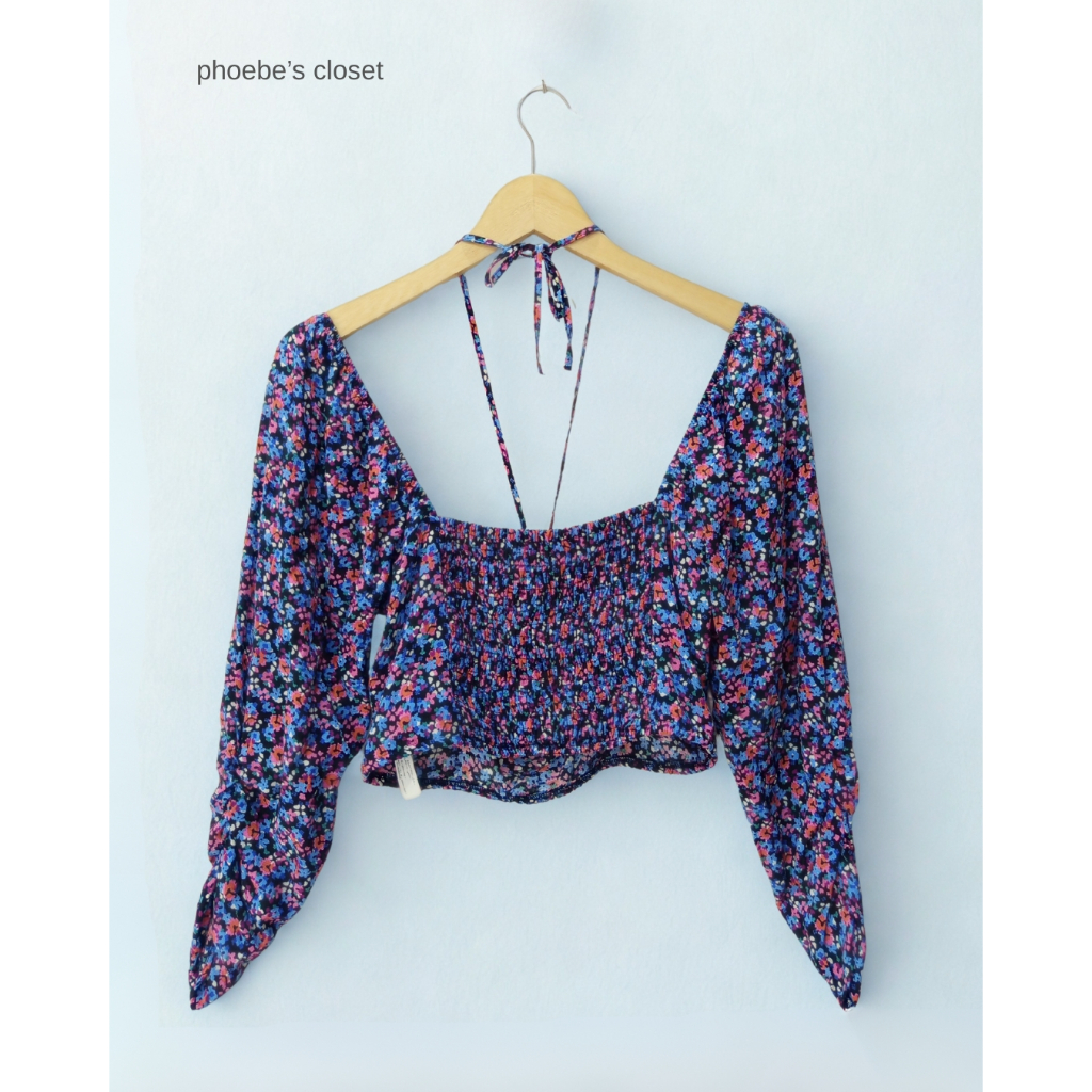 Zara Flower Crop Top String Pull Front Elastic Back Long Sleeve