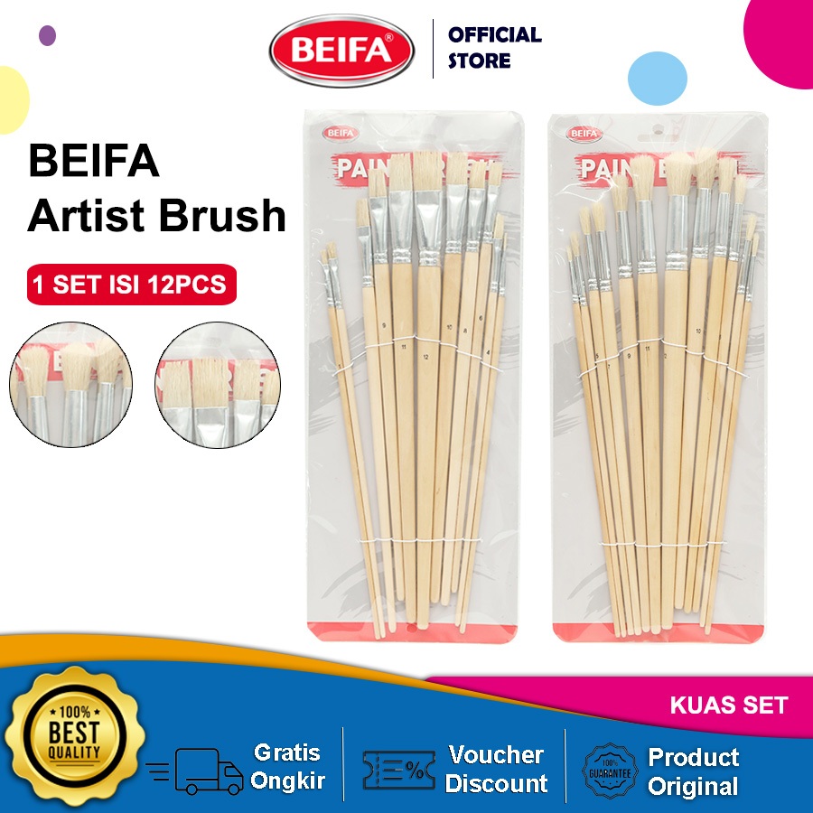 

Beifa Kuas Lukis DM106 – Kuas Cat Akrilik Bulu Putih No.1–12 Set Isi 12 pcs