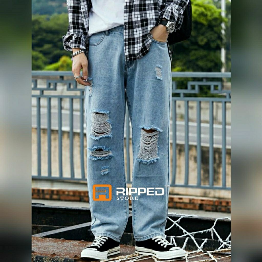 Celana Sobek Pria Premium | Ripped Jeans | Loose Fit Denim Longgar 27-38