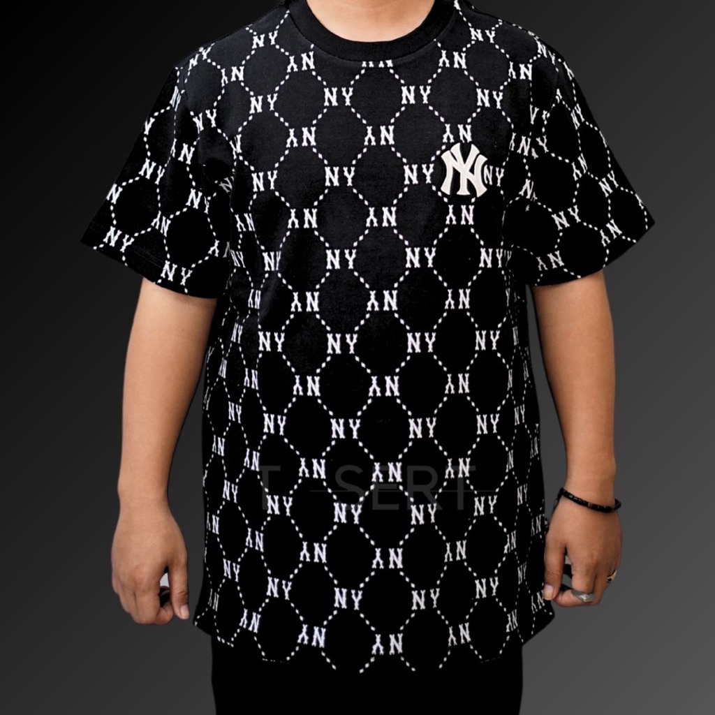 Mlb Korea NY Yankees Jacquard Dia Monogram Black Tee Original / Kaos Mlb Authentic