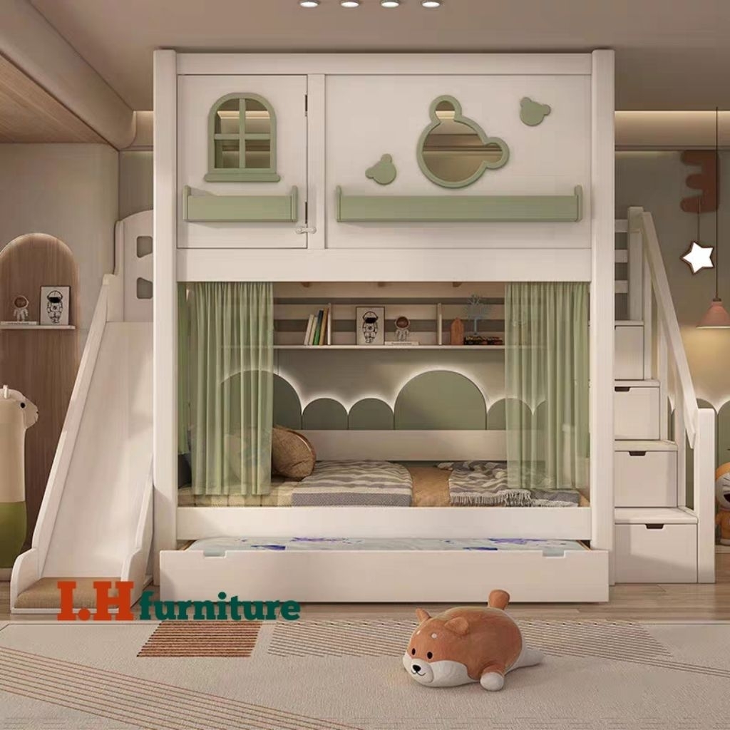 Ranjang anak tingkat , tempat tidur anak dan lemari , tempat tidur anak dan meja belajar
