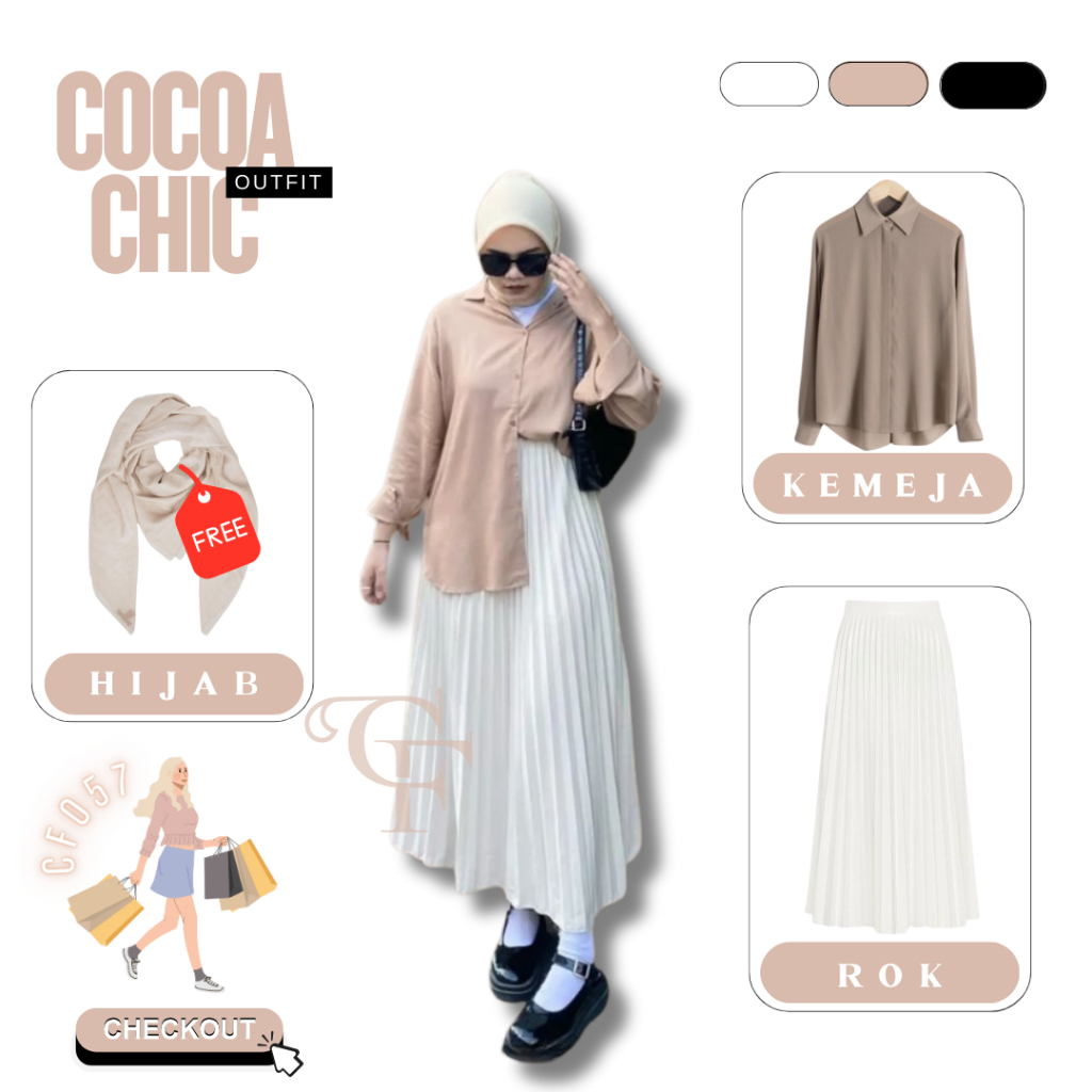OOTD Feminim Kekinian ✿ Clean Girl Vibes(Kemeja Coklat + Rok Plisket Putih + Free Hijab Bella)CF057