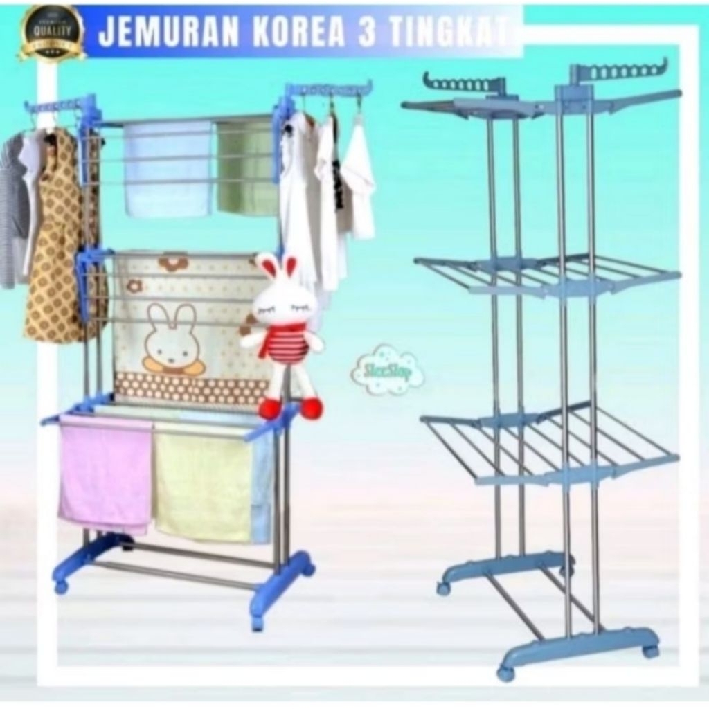 Jemuran Korea Rak Susun 3 Tingkat / 3 Susun Jemuran Menara Laundry Baju Bayi Stand Hanger Serbaguna