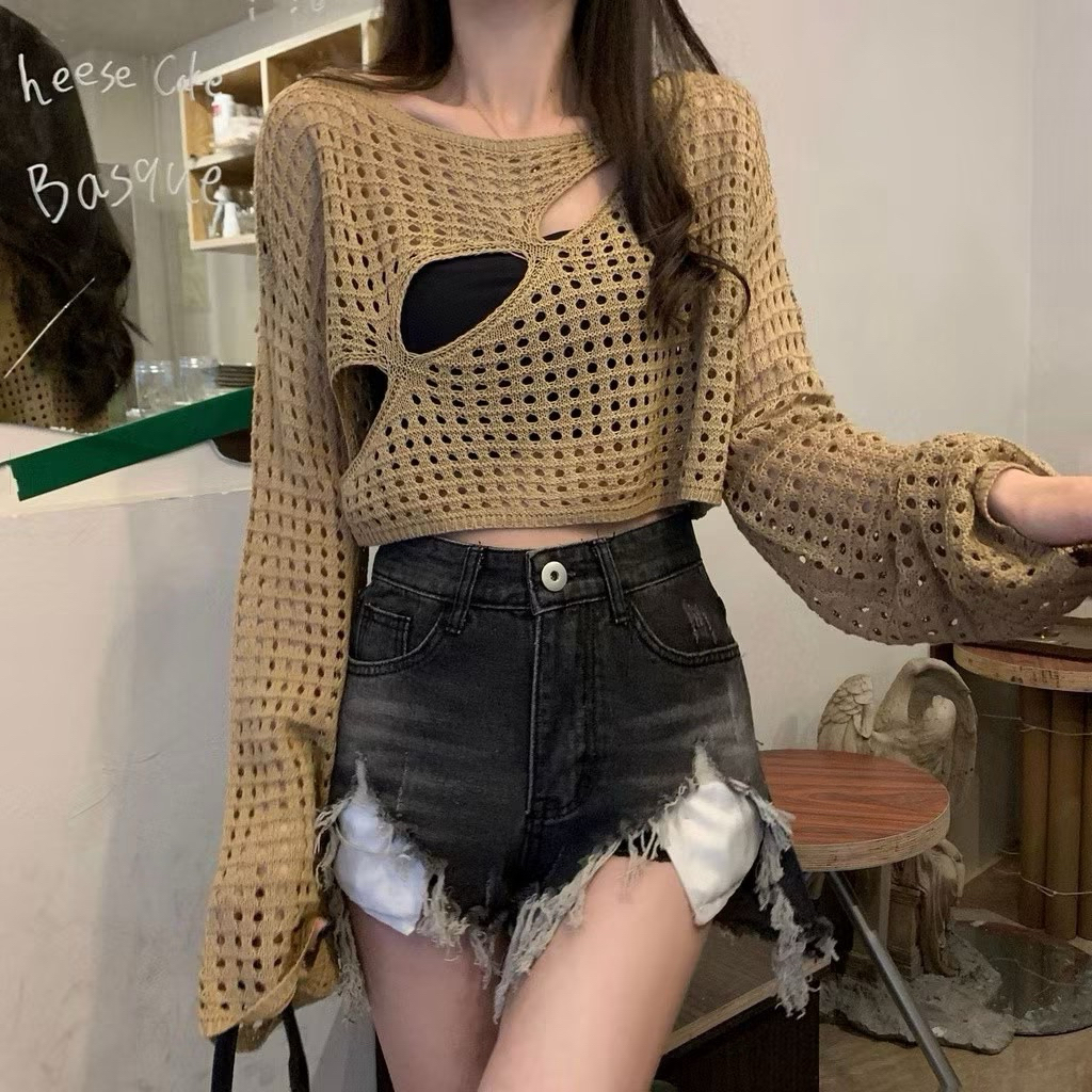 Outer rajut Atasan Croptop Jaring | A723 | Fashion Lengan Panjang Wanita Korean style