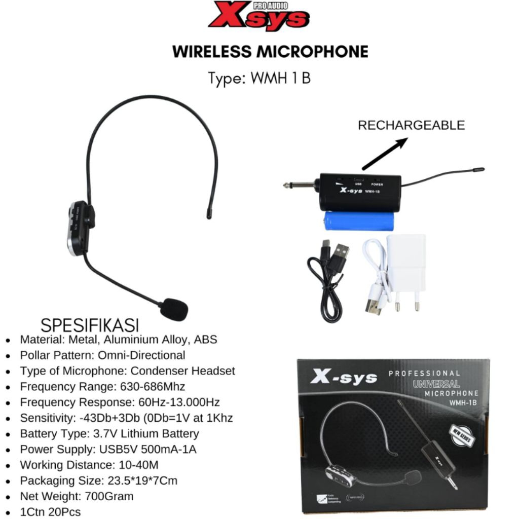 X-SYS WMH-1B Headset Microphone WMH1B Mic bando Wireless imam