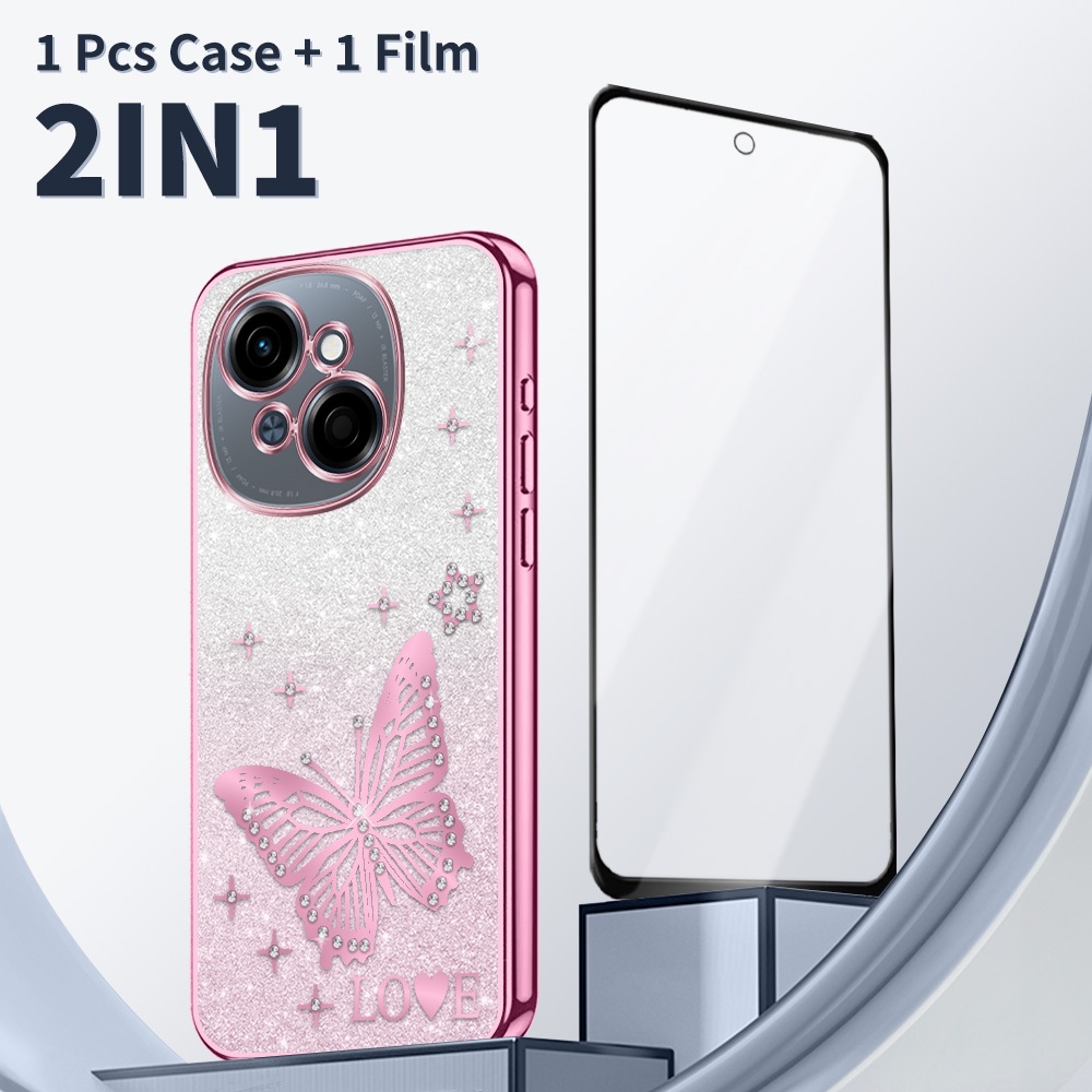 2 in 1 Casing HP untuk Tecno Spark Go 1s KL4h Case Aesthetic Bling cover + Film Keramik Anti Gores