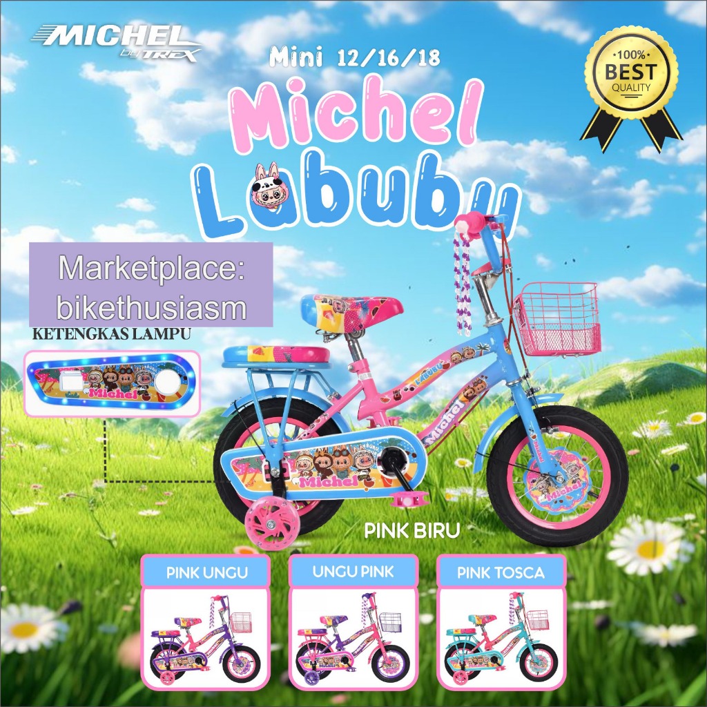 Sepeda Anak Perempuan Mini Michel Labubu Ukuran 12 16 18 Inch Ada Lampu Tutup Rantai