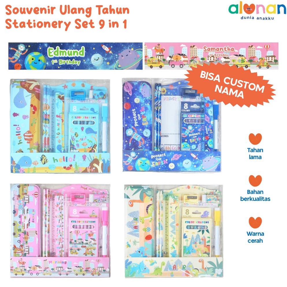 

KODE Q46A ALUNAN Custom Set Alat Tulis 9 in 1 Hampers Ulang Tahun Anak Stationery Set Souvenir Ulang Tahun