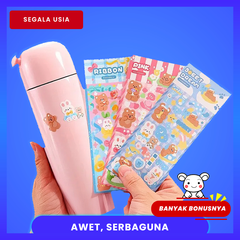 

Sticker Waterproof Kartun Bear & Rabbit Hologram Anti Air Sticker Botol Minum Tumblr