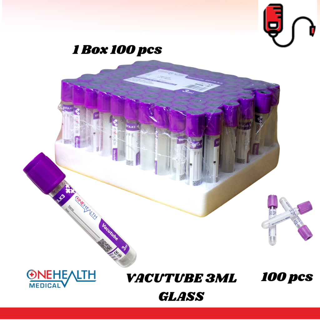Tabung Darah EDTA 3 ml Reaksi Vacutube K3 Medis Onehealth 1 Box isi 100 Pcs Glass Kaca