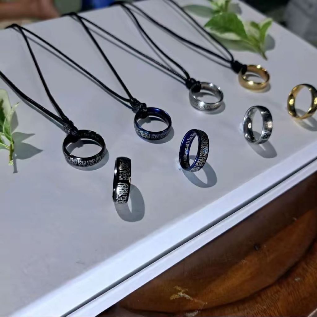 Kalung Tali Pria Keren Kekinian Liontin Cincin Tauhid Titanium Anti Karat