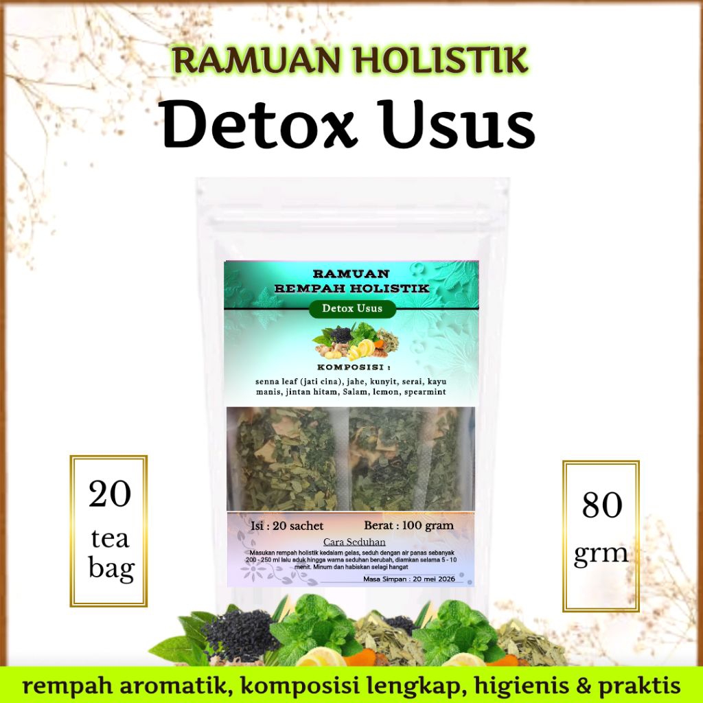 

Detox Usus Kotor | Ramuan Holistik : Senna Leaf / Daun Jati Cina, Spearmint, Lemon, Rimpang | 20 tea bag