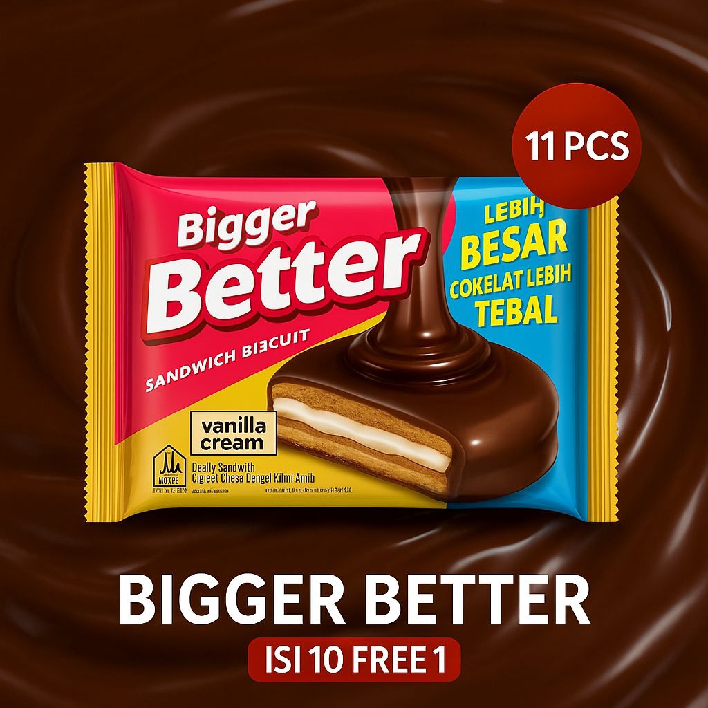 

Bigger Better Vanilla Cream 11 PCS – Biskuit Sandwich Cokelat Isi Krim Vanila Tebal & Lezat | Snack Mayora Halal