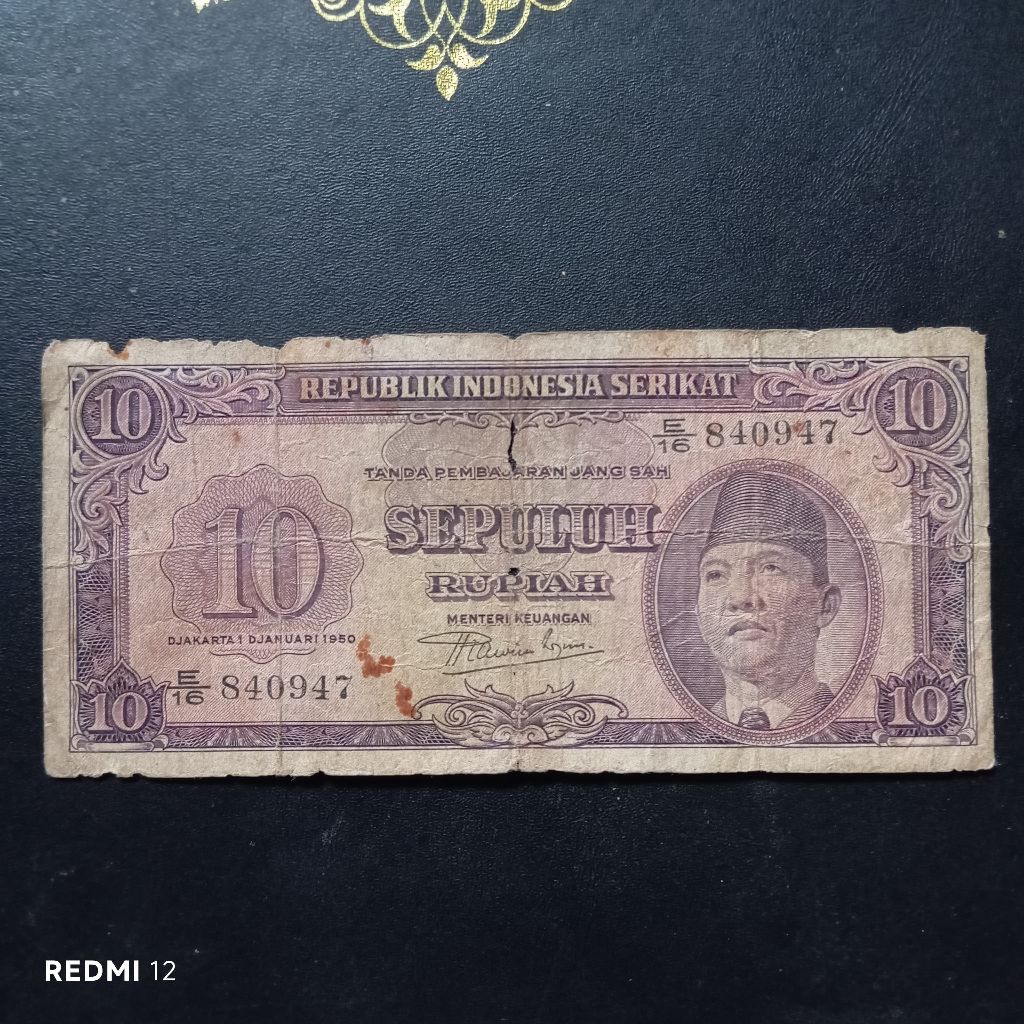 uang kertas 10 rupiah RIS tahun 1950 bekas jelek asli