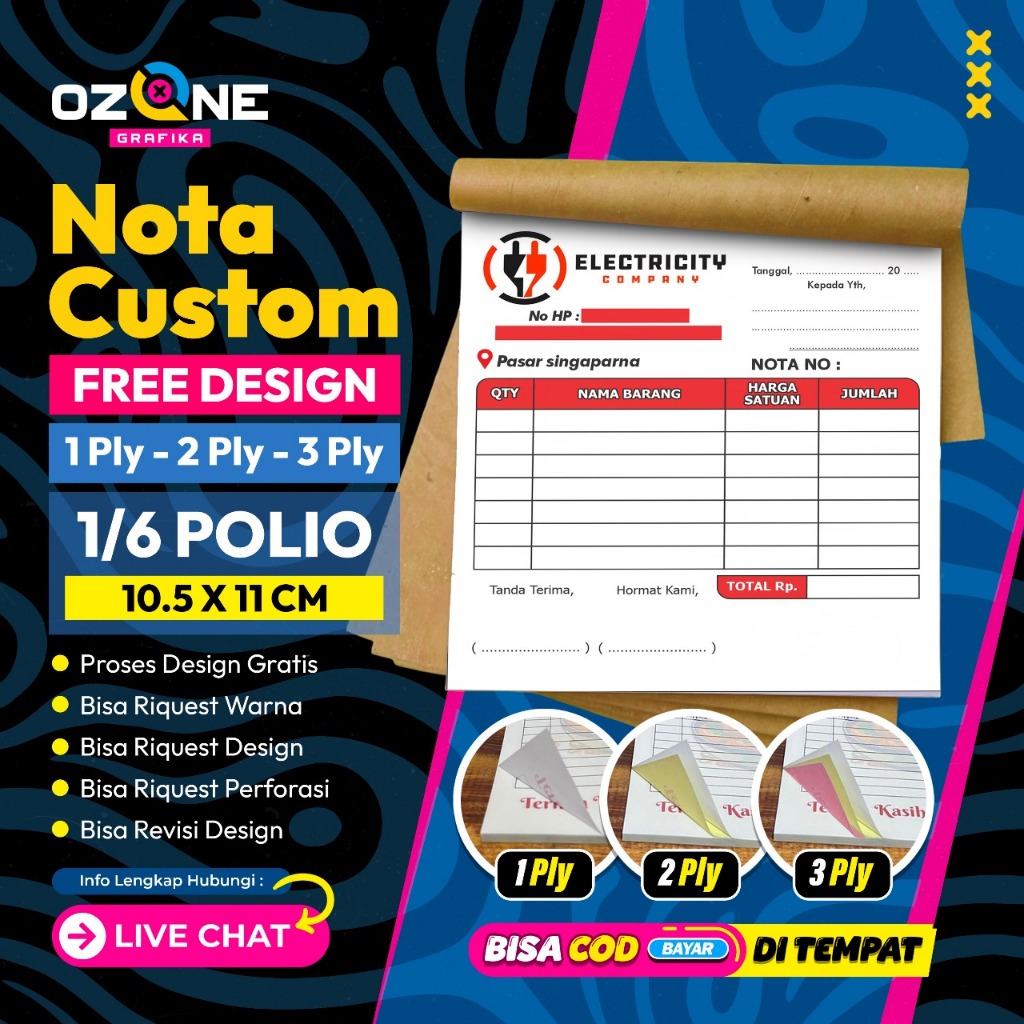 

Cetak Nota Custom 1/6 2 Ply isi 25 Set 50 Lembar , Desain Logo Nama Sendiri Ozone Grafika