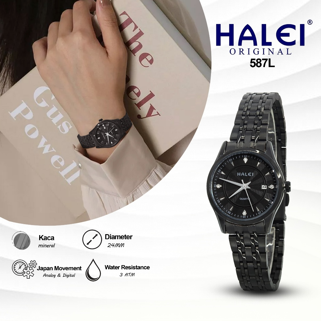 HALEI - Jam Tangan Cewek Premium Analog Ada Tanggal Tali Rantai Tahan Air 587L