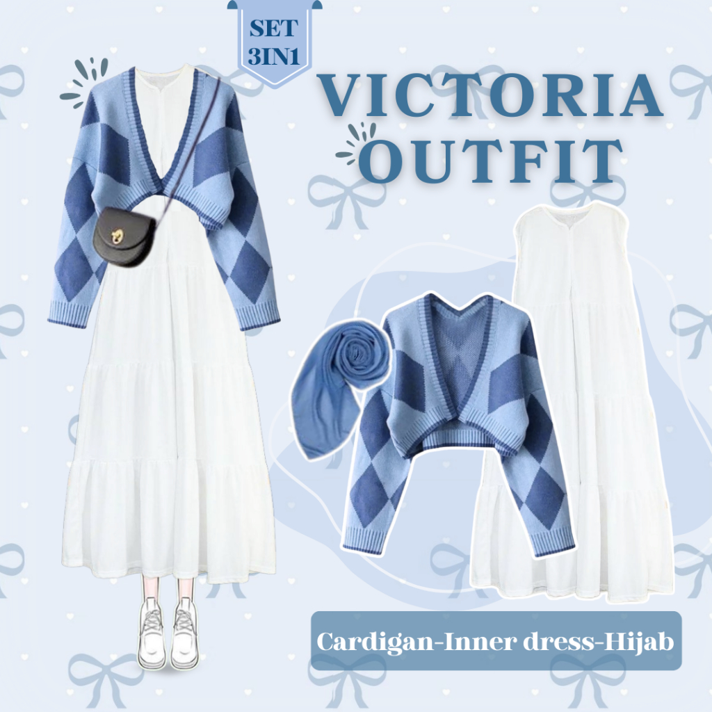 Dress Hijab Wanita Kekinian (Cardigan Rajut Biru + Inner Dress Susun Putih + Hijab Denim) QNL019