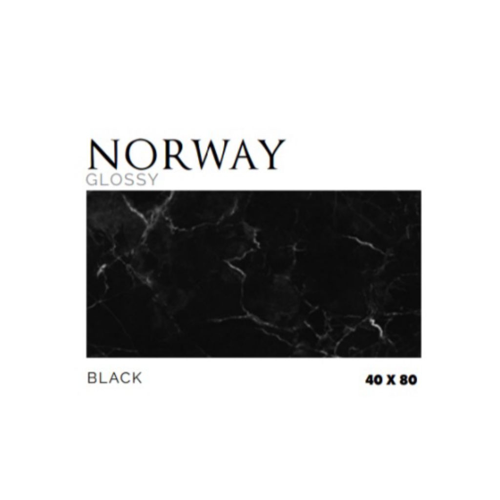 KERAMIK MERK PLATINUM TIPE NORWAY BLACK UKURAN 40X80 WARNA LATAR HITAM CORAK MOTIG SERAT MARBLE PUTI