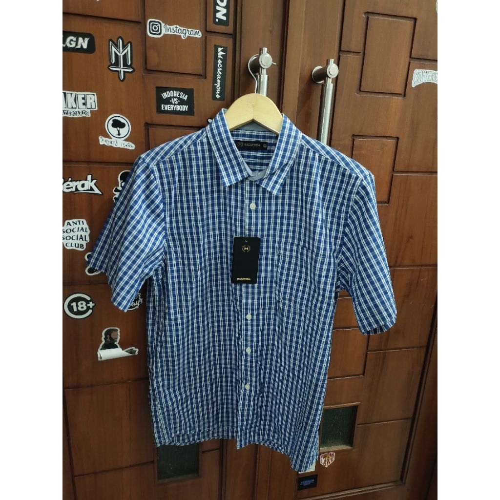 Kemeja Pria Hassenda 2 Motif Kotak" Biru & Hitam, 100%Original&Murah